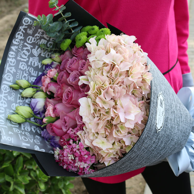 教师节混搭绣球红香槟玫瑰花束北京同城鲜花速递生日鲜花送花上门