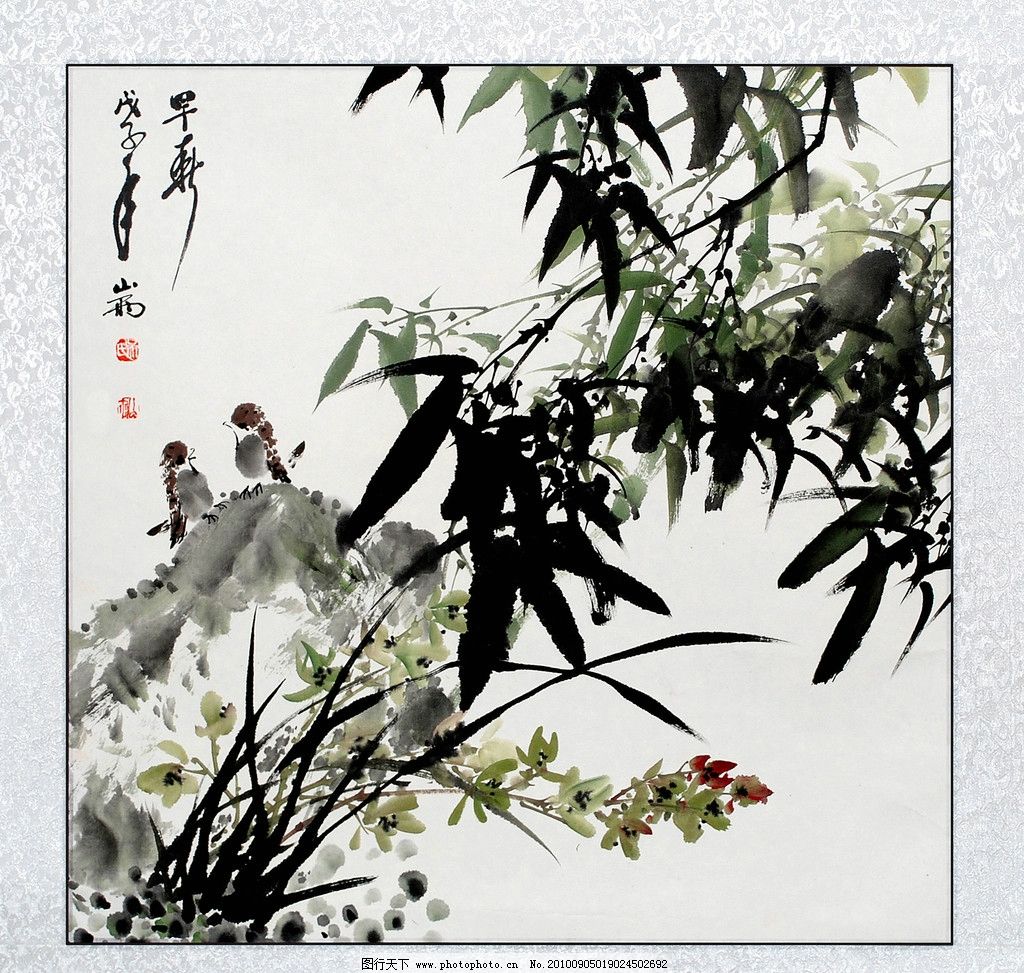 国画 竹林 中国画 中国水墨画 竹子 竹干 青竹 竹叶 飞鸟 小鸟 绘画