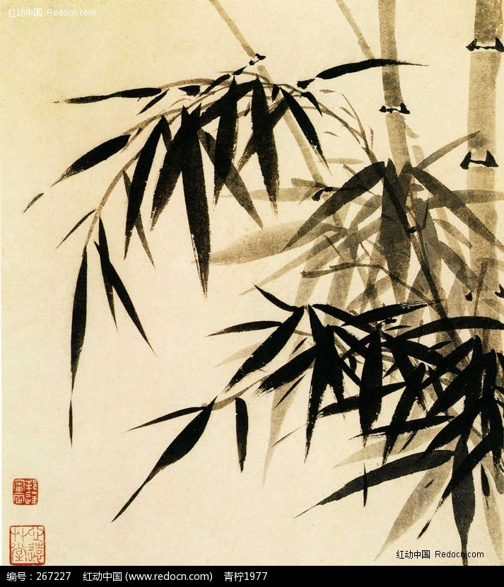 水墨竹子 中国画竹子 一丛竹子 竹叶 黄色绢本 国画 水墨画 书画